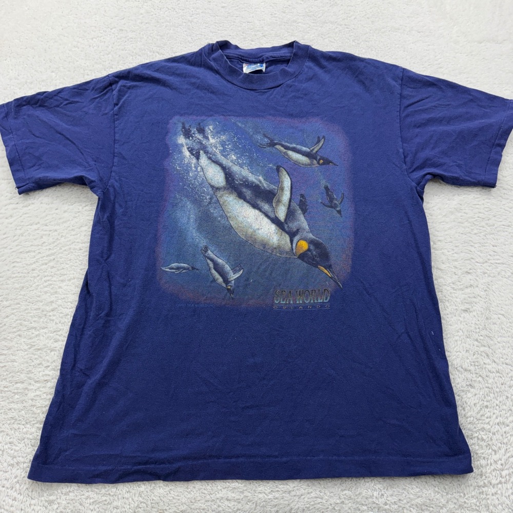Vintage 1993 Sea World‎ Orlando Penguin T Shirt Hanes Beefy-T Navy Blue Large